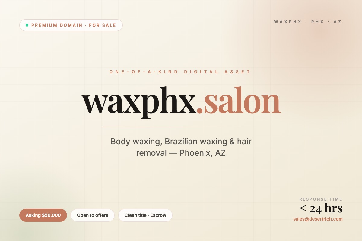 waxphx.salon premium domain card — asking price $50,000 for the exact-match waxing and hair removal domain in Phoenix, Arizona